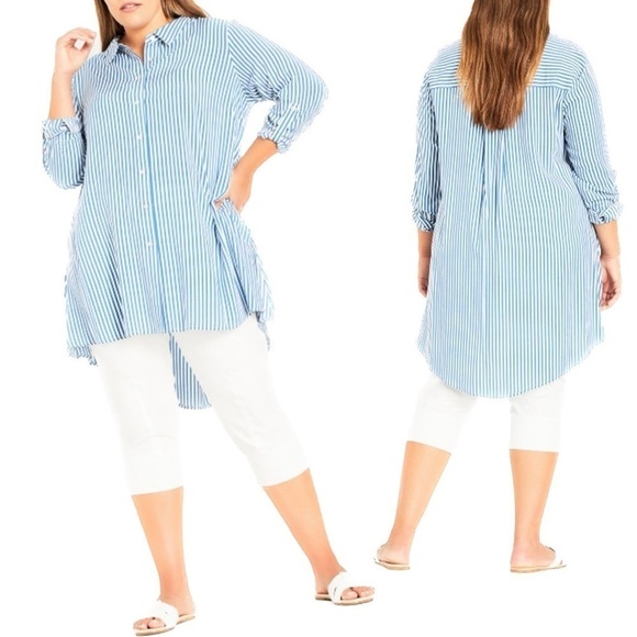 Arna YORK Size 22/24 (2X) High Low Indigo Stripe Longline Shirt (T16.5) - Picture 1 of 5
